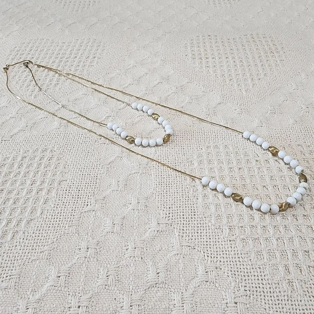 MCM 2 x Vintage Floating Round White and Spiral Gold Bead Gold Chain Necklace